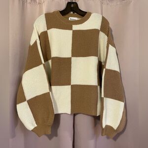 Cozy Chunky Checkered Knit Sweater w/Balloon Sleeves